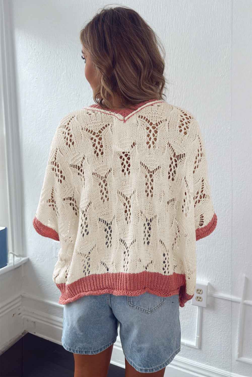 Delicacy Flowers Colorblock Edge Hollow Crochet Knit Top f03422fbafa8c738