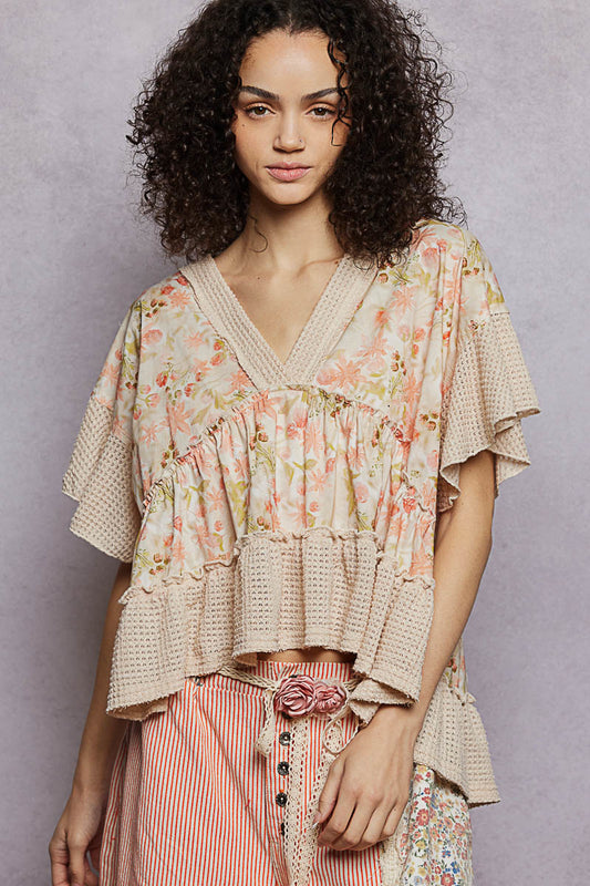 POL Floral Print V-Neck Woven Blouse with Gentle Gathers f035857e-10a8-494a-bb35-cf60705273df-Max