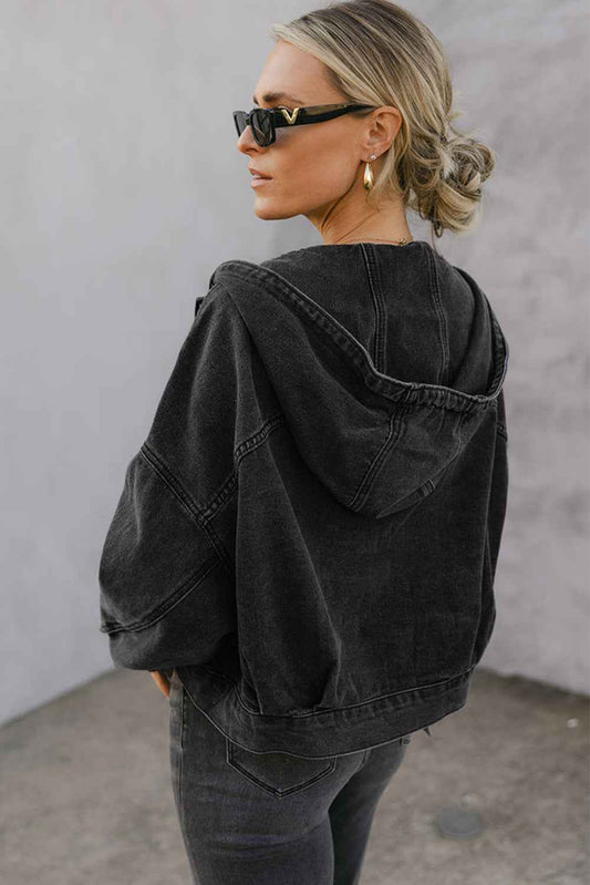 Black Chest Pocket Drop Shoulder Hooded Denim Jacket f036520e125cb733