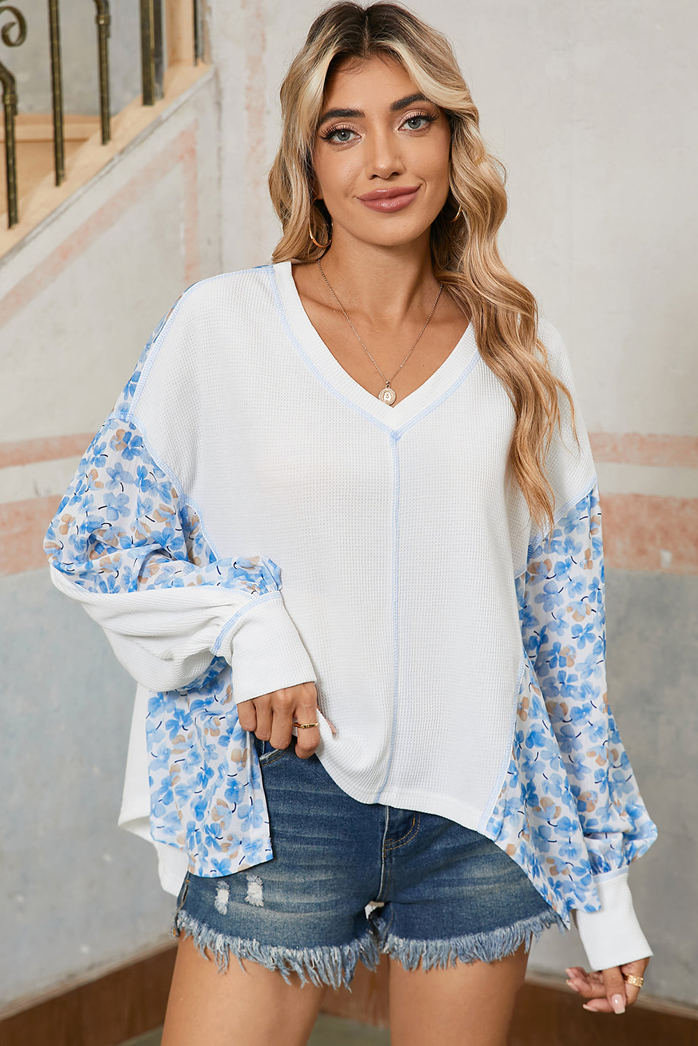 White Abstract Patchwork Waffle V Neck Dolman Top f036e1dc03ac1fe6