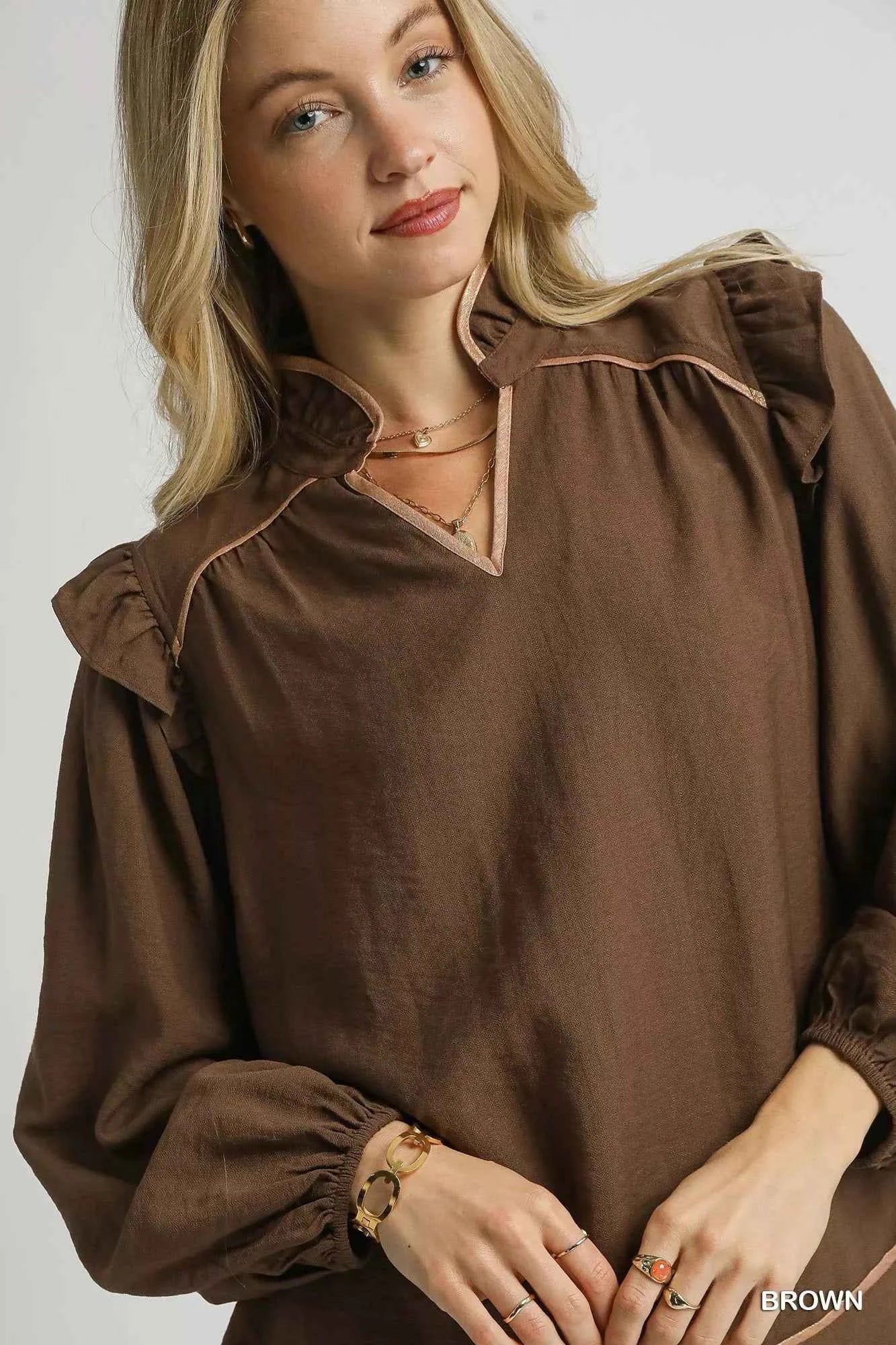 Umgee Ruffle Shoulder Long Sleeve Blouse f0381ce2-dd53-4f52-9c81-57c7eed05817-Max-Origin