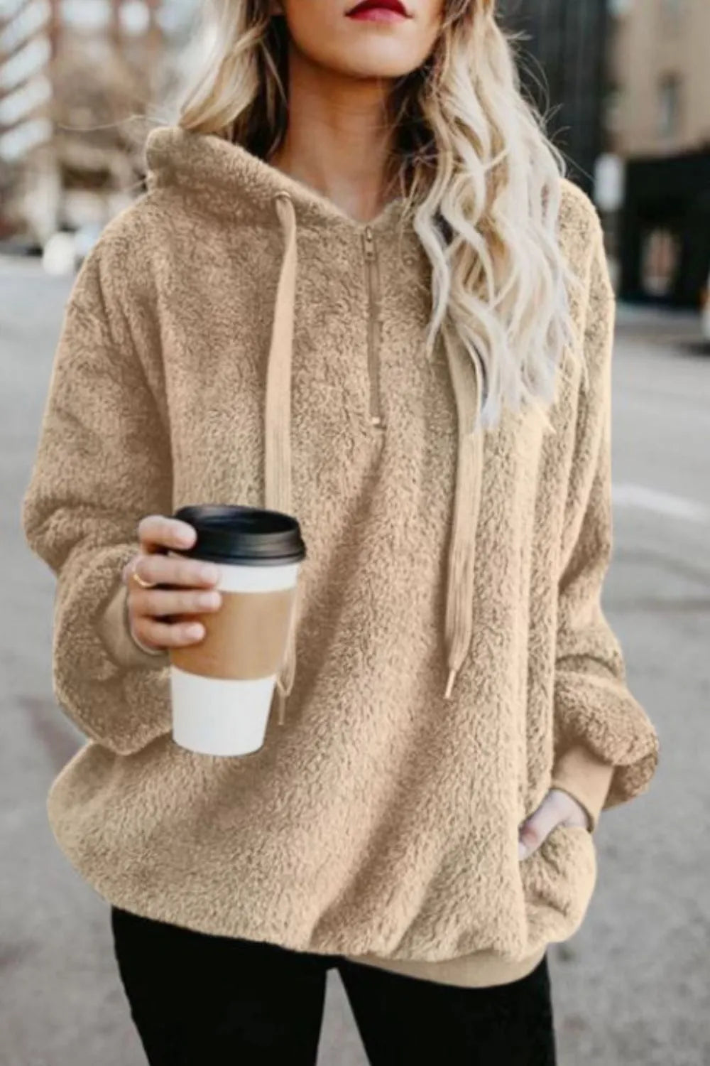 Full Size Quarter-Zip Drawstring Teddy Hoodie Beige f03df102-e395-4b7b-a582-d7e8ef7302cc-Max