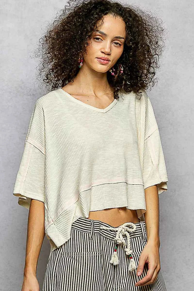 POL Short Sleeve Ccopped Rib T-Shirt with Contrast Stitch Detail f03e9e3b-ea3e-4f33-9235-fb744f51ccec-Max-Origin