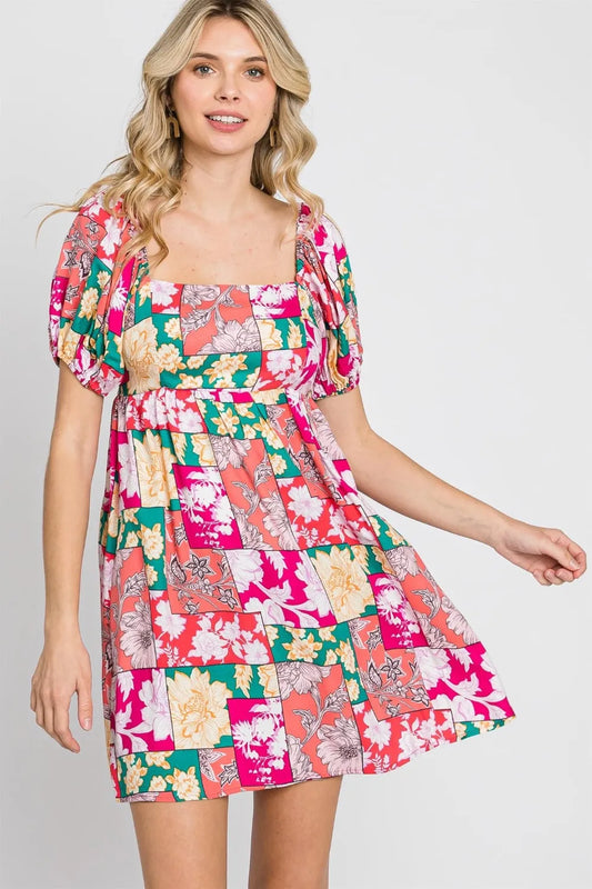GeeGee Floral Ruff Sleeve Mini Dress Fuchsia f04313d8-d4f5-46bf-8999-2a75858312c1-Max