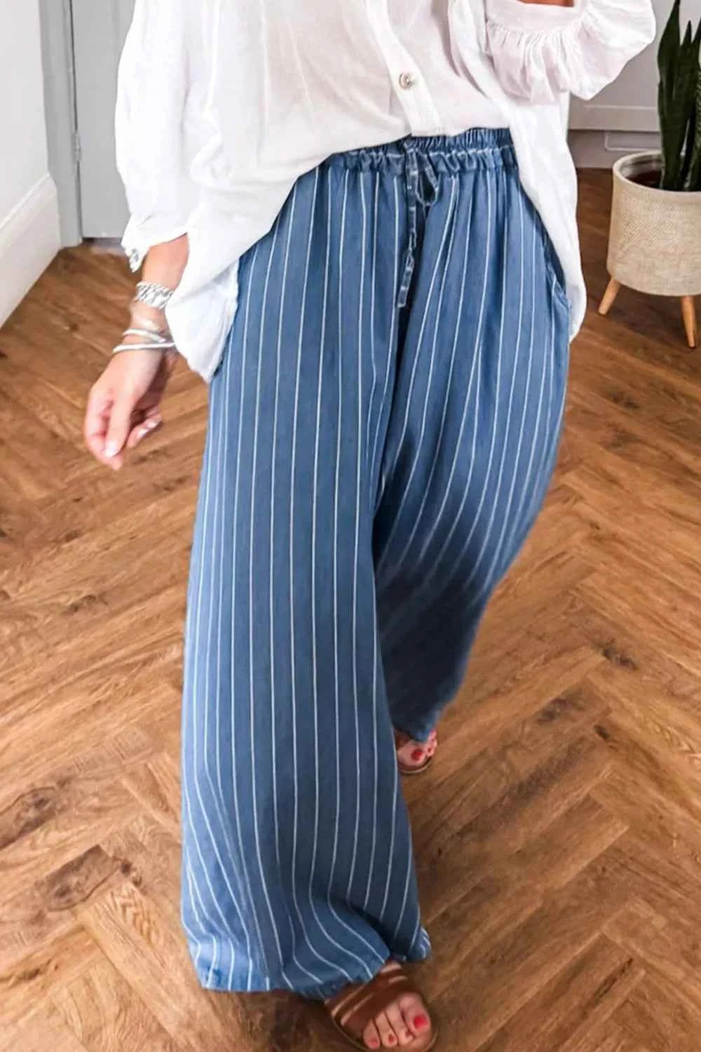 Stripe Chambray Wide Leg Tied Elastic Waist Jeans f0439d82-a9ab-4376-aae1-a608d087db1a-Max-Origin