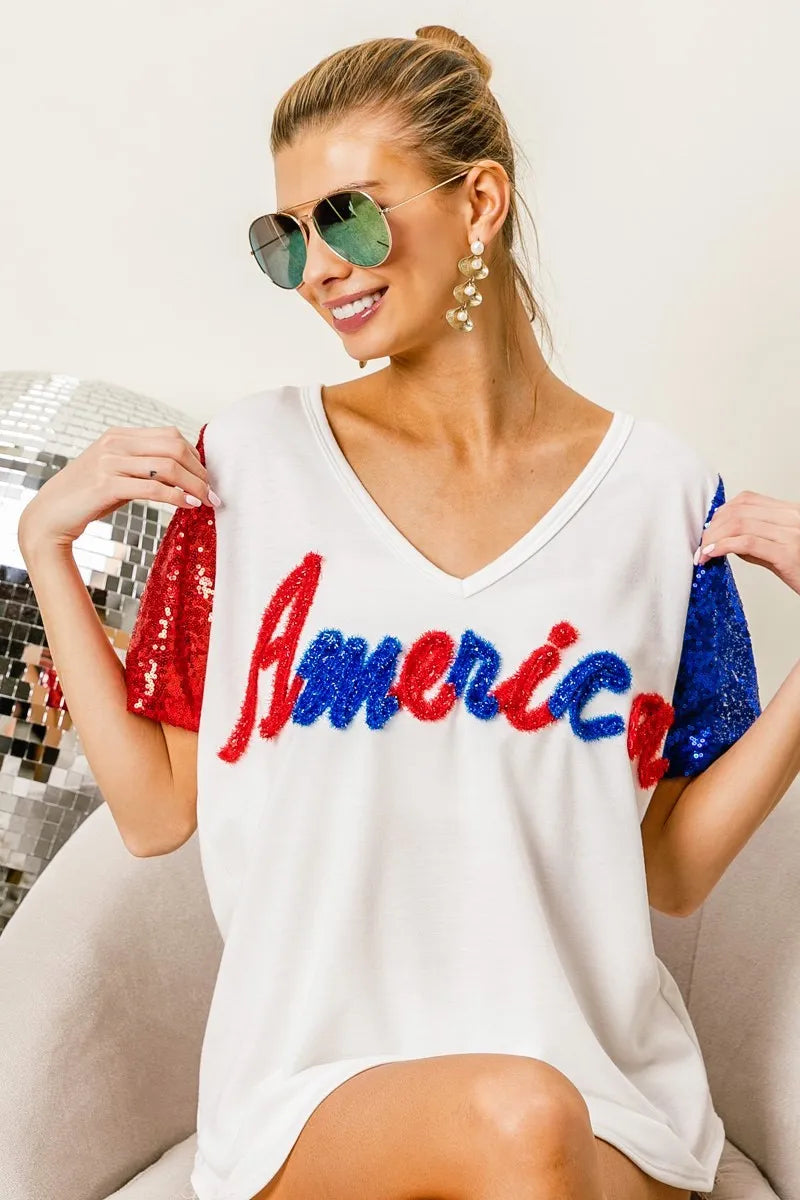 BiBi Metallic Letter V-neck Sequin Sleeves Top f04a846e97ab4fcfad05fb7872792e02-Max-Origin