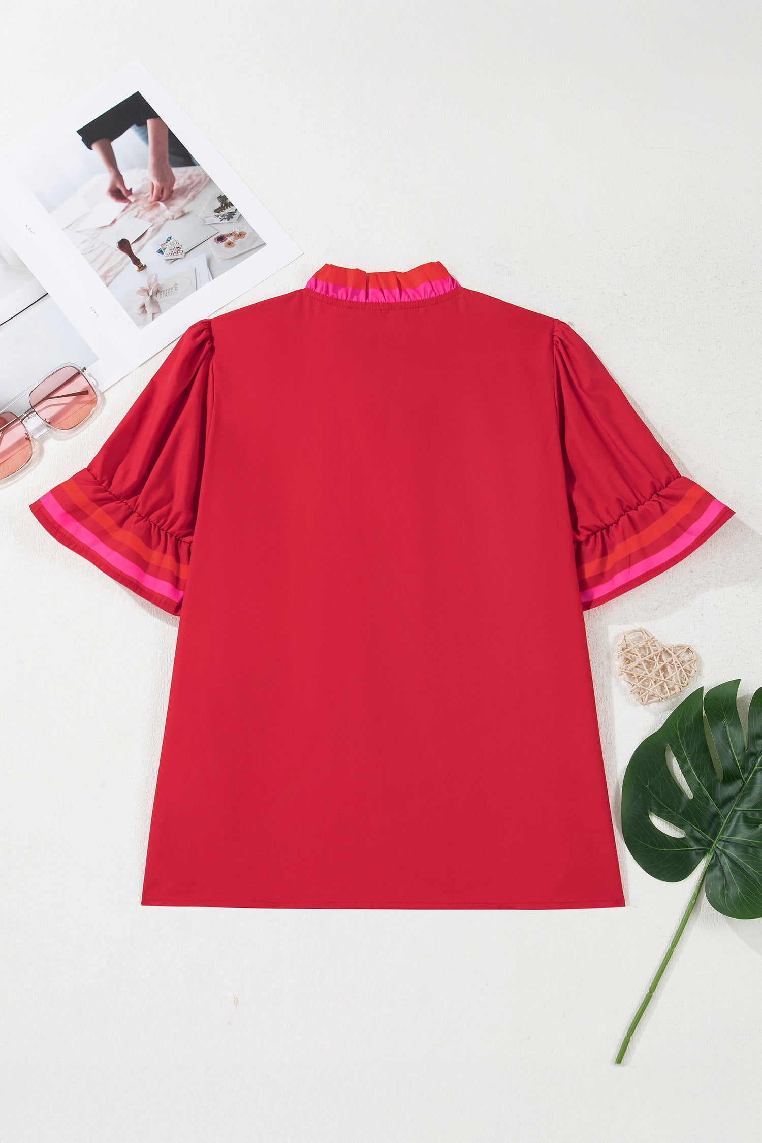 Fiery Red Striped Frilled Collar Ruffled Short Sleeve Blouse f0576023c0b5f001