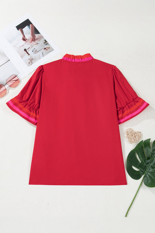 Fiery Red Striped Frilled Collar Ruffled Short Sleeve Blouse f0576023c0b5f001