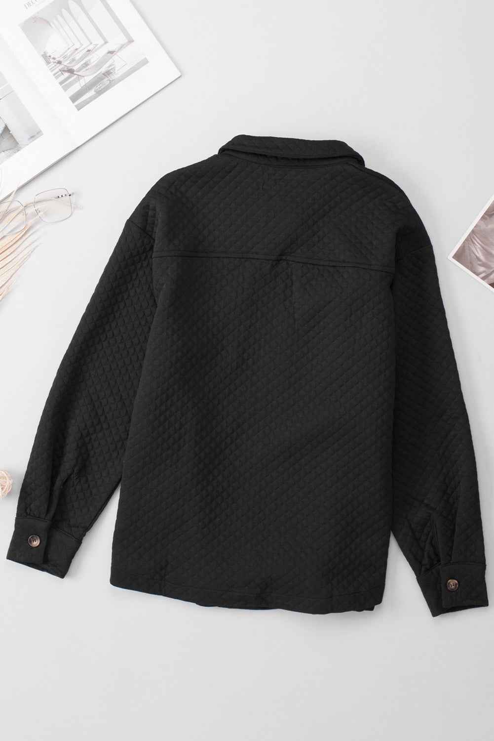 Black Lattice Texture Retro Flap Pocket Button Quilted Shacket f059ce1cfe14193c