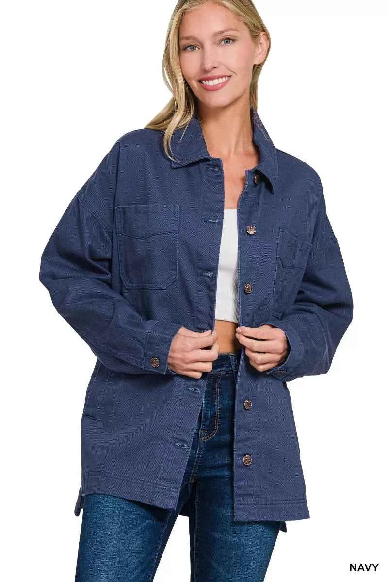Zenana Oversized Collared Neck Button Front Shackets NAVY f05df835e4ac4dc6a01c053d4bf3f2f0-Max-Origin