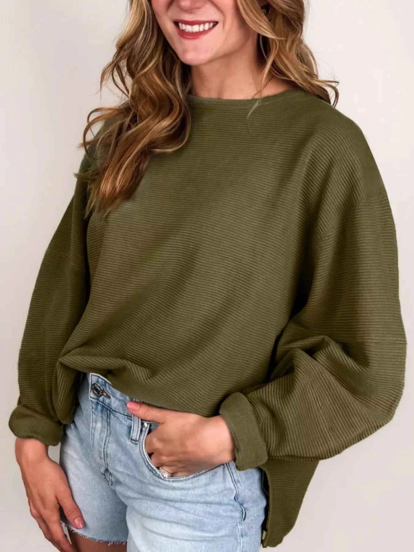 Ribbed Knit Oversized Sweatshirt Army Green f066fe503cd941c992c4f953f032d2e8-Max-Origin
