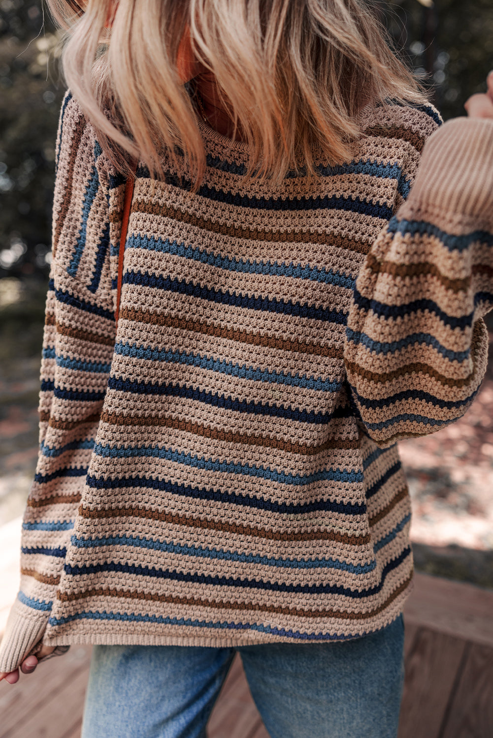 Multicolour Striped Knitted Drop Shoulder Crew Neck Sweater f0682ff820fab04e