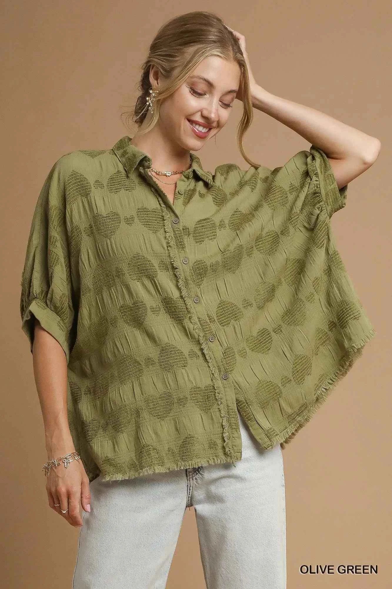 Umgee Jacquard Heart Collared Shirt OLIVE GREEN f06a4460-2bb8-490d-a990-57da92af4343-Max-Origin
