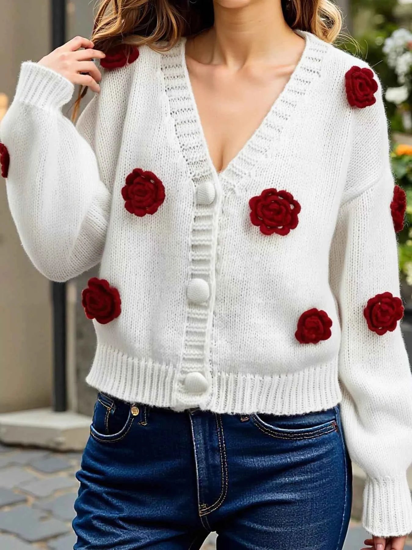 Rose Embellished V-Neck Cardigan f06abffc-557b-483b-9877-3322ab38ba09-Max-Origin
