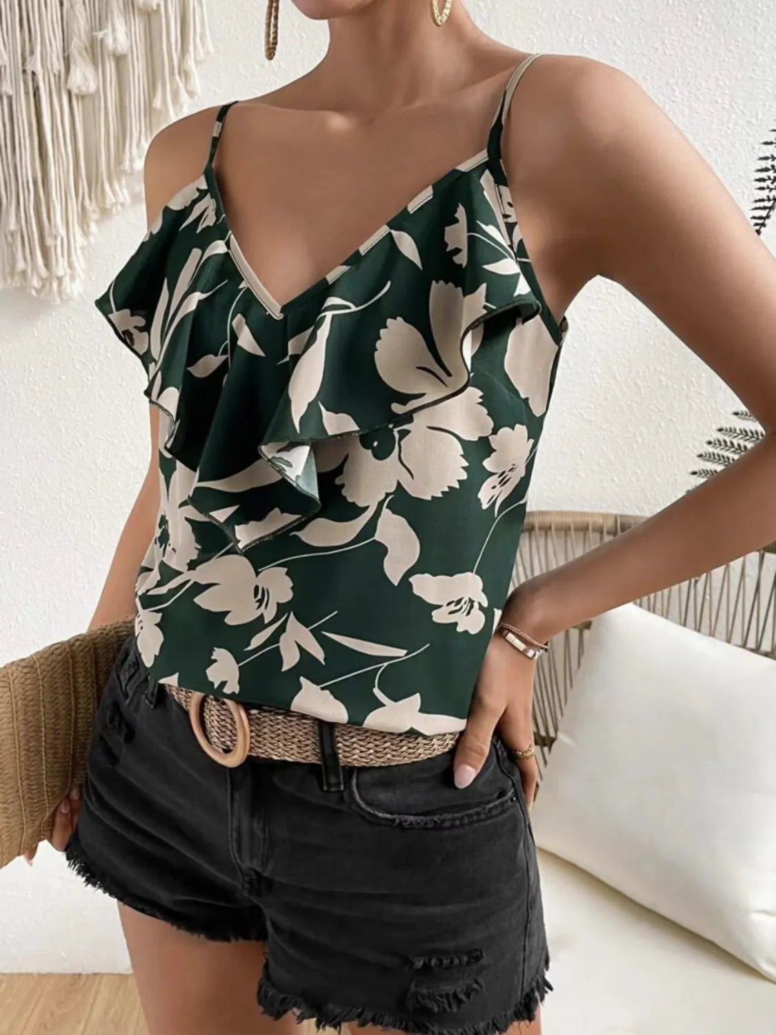 Ruffled Printed V-Neck Cami f070f7a7-59be-41d1-9025-7bd6cb82fa20-Max-Origin