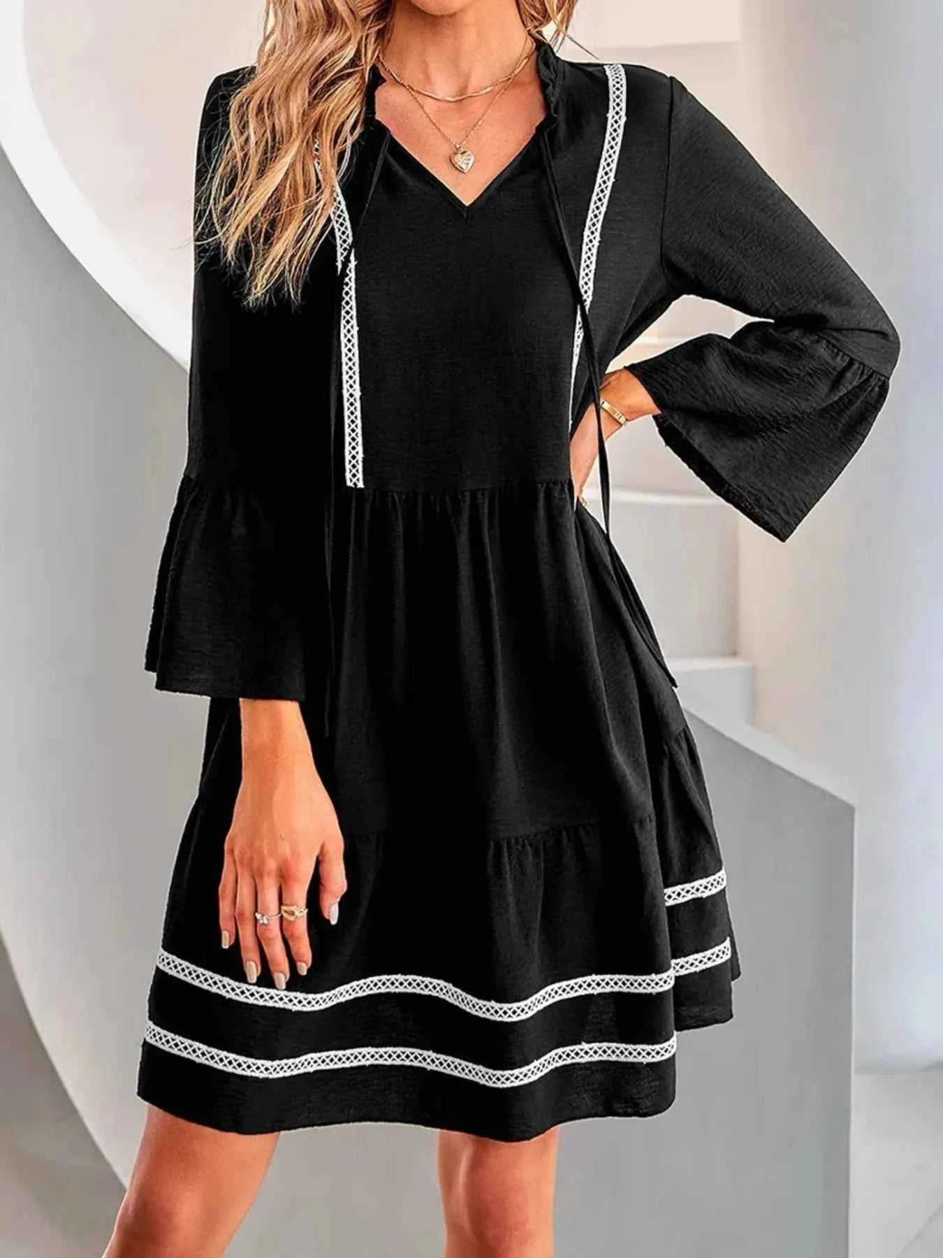 Tie-Neck Long Sleeve Mini Dress with Trim Detail f077db8df14d4f52b6dc97e43f10e2bf-Max-Origin