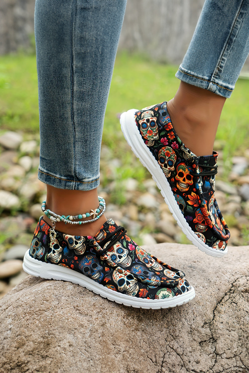 Dark Blue Halloween Skull Print Lace Up Casual Shoes f07fa76042729063