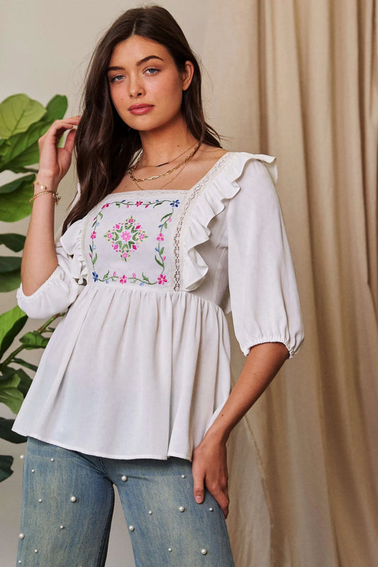 Texture Tie Back Floral Embroidery Frill Blouse f0808e24abee466ca8193becea8493bd-Max-Origin
