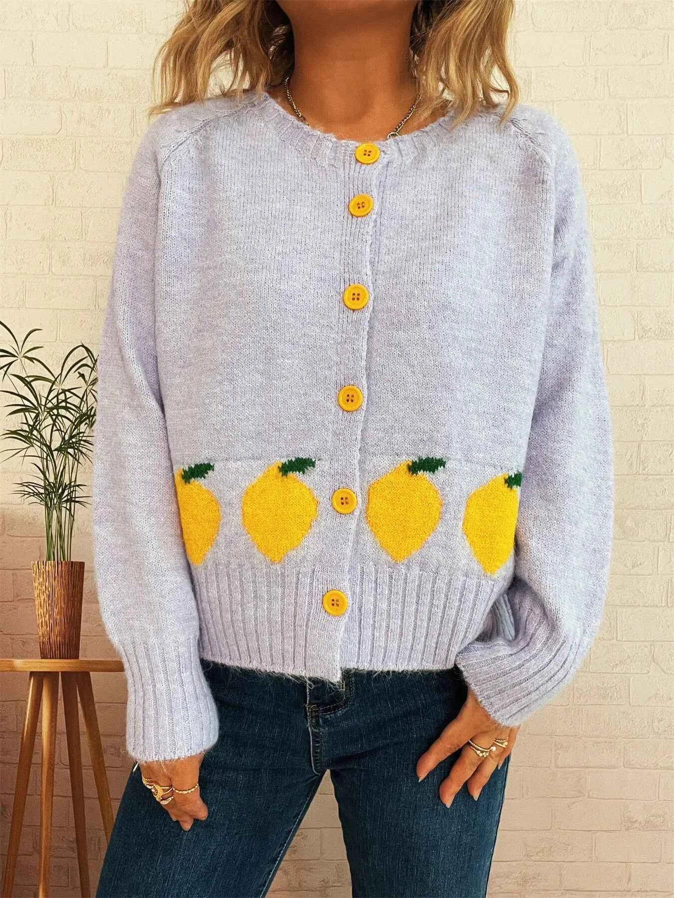Lemon Pattern Button-Up Cardigan Purple One Size f08477a629fa485e982e964cc56fbfae-Max-Origin