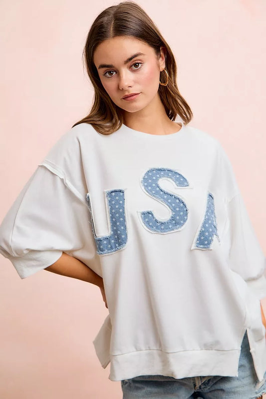USA Letter Patchwork French Terry Top - Raw Hem Relaxed Fit f084933b-3697-4895-b65a-fb1c9e7d8301-Max-Origin