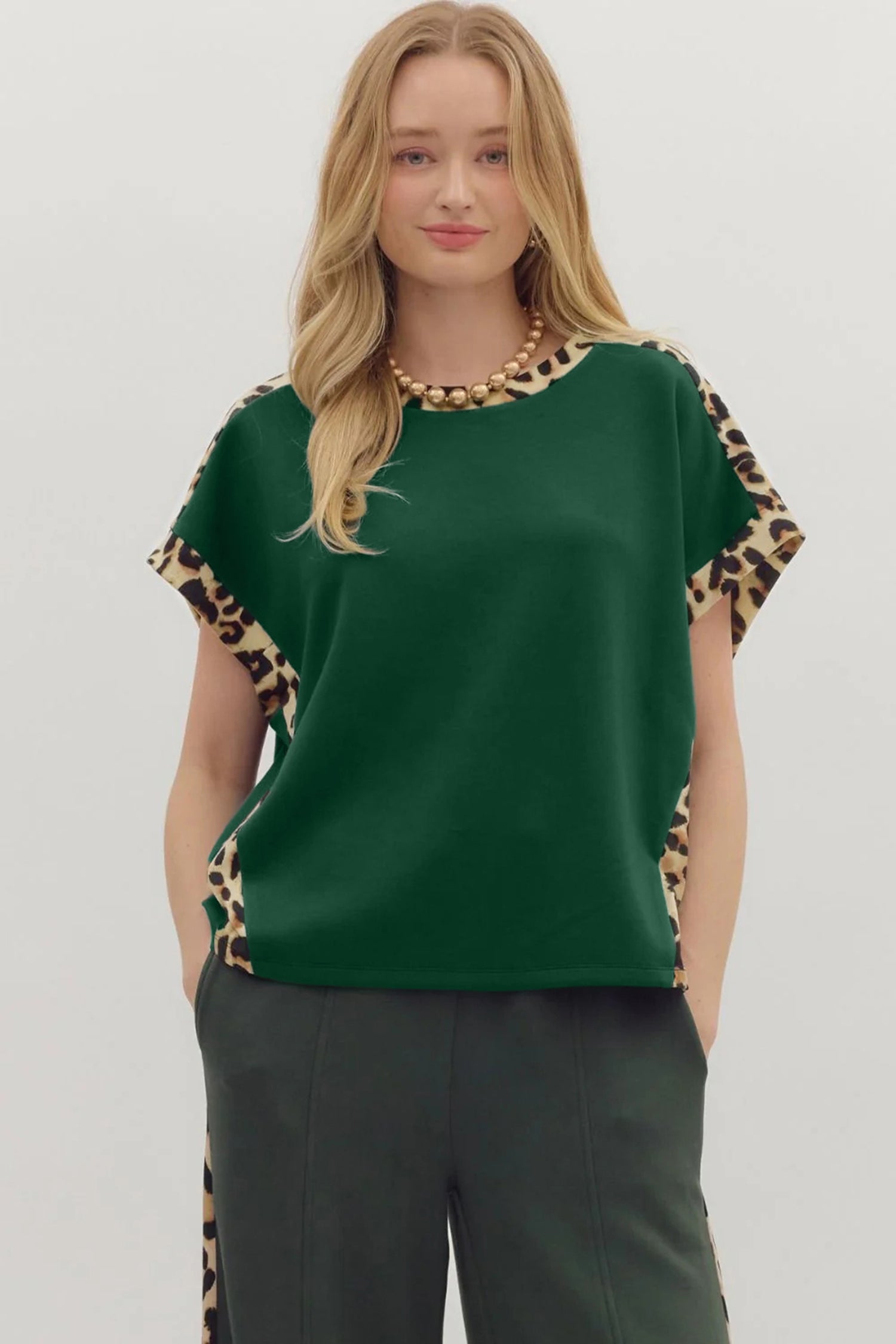 Sea Green Leopard Trim Round Neck Loose T Shirt f08a69c8271bb158