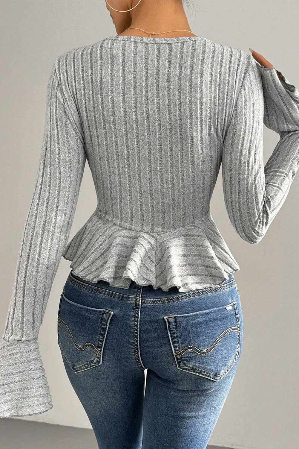 Light Grey Slim Fit Ruffle Hem Ribbed Long Sleeve Top f08bc16573eda8ef