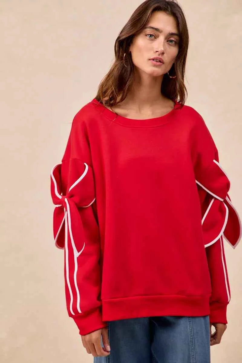 BiBi Bow Detail Sleeves Fleece Sweatshirt RED WHITE f09a91c4-c8cf-450f-8870-bdfc788768eb-Max-Origin