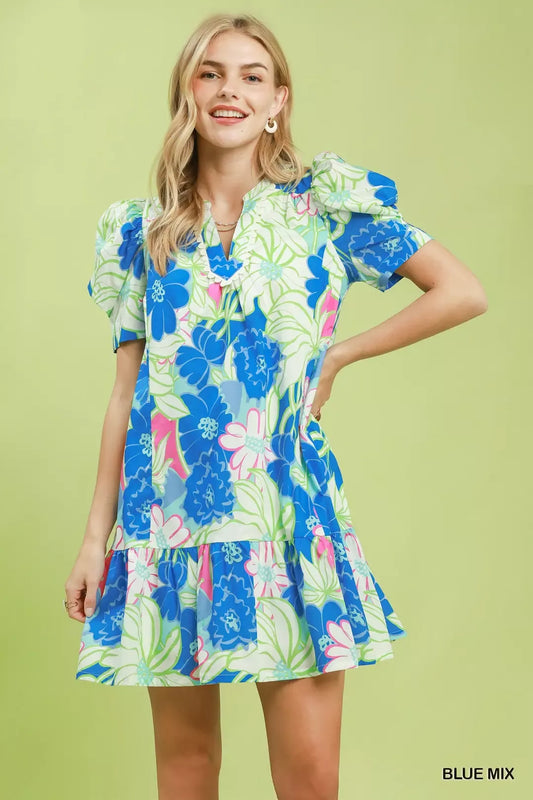 Floral Puff Sleeve Tiered Mini Dress BLUE MIX f09bee06-1a45-4089-9c3f-c59f0cee0bd9-Max-Origin