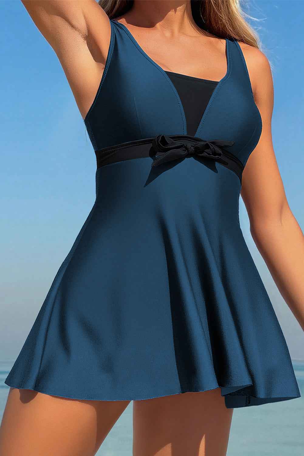 Blue Floral Print Patchwork Bow Knot Detail Sleeveless Swim Dress Sail Blue 85%Polyester+15%Elastane f0a314b9e5992318