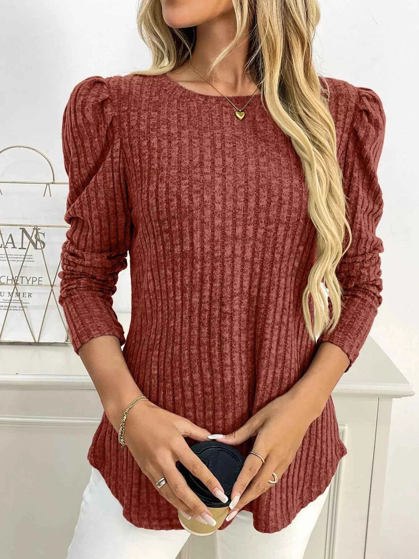 Round Neck Puff Sleeve T-Shirt Caramel f0a3dafe-2fd5-4f9f-9f19-d6d5e9a1fdc4-Max-Origin