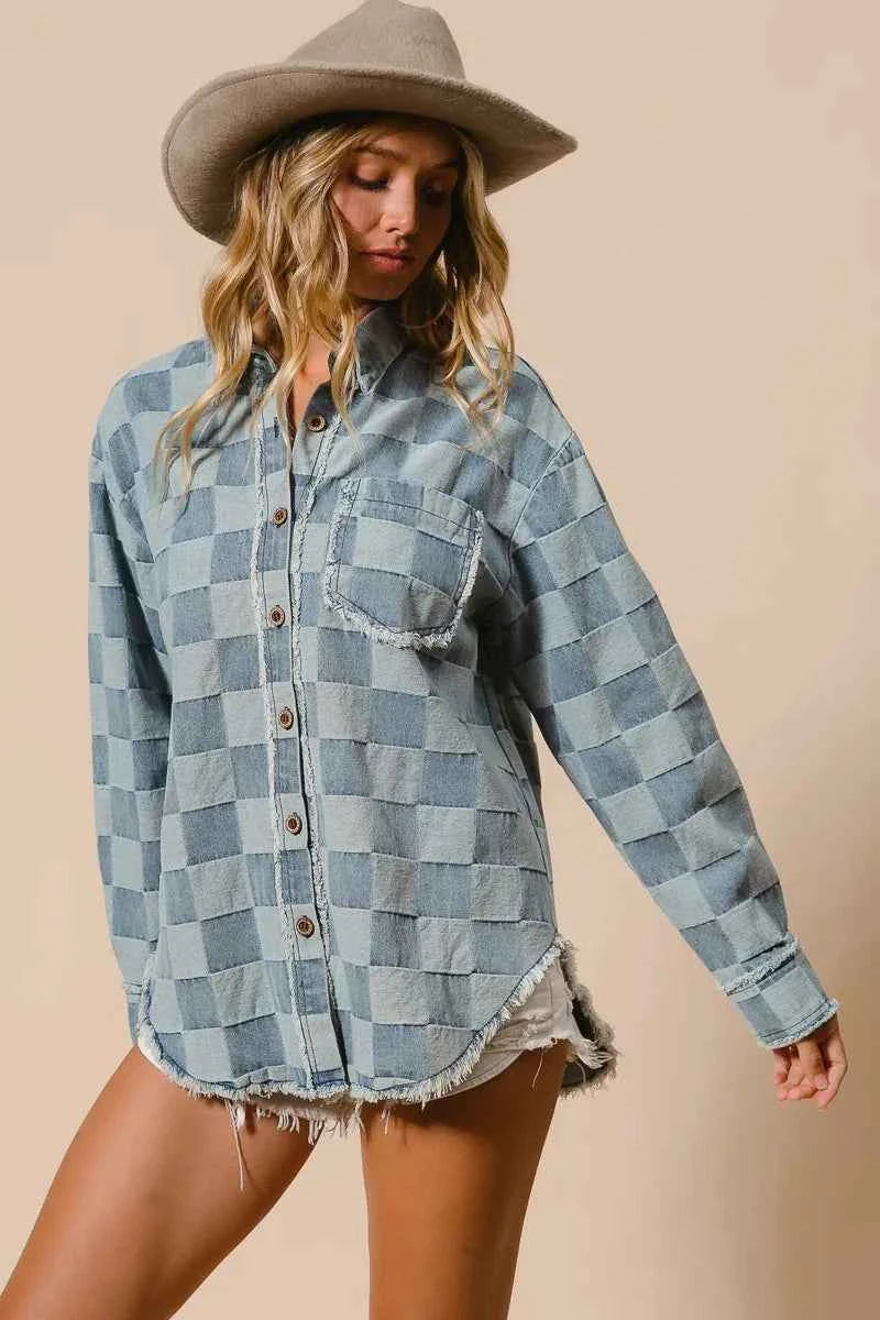 BiBi Frayed Edged Detail Washed Checker Denim Shirt f0a3e3885de5420f9ffb23d128a261c6-Max-Origin