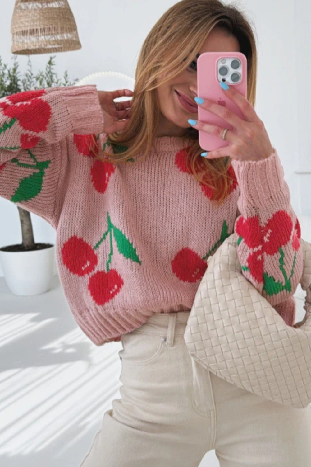 Pink Cherry Print Round Neck Knit Sweater f0a4bb5cd874f8a6