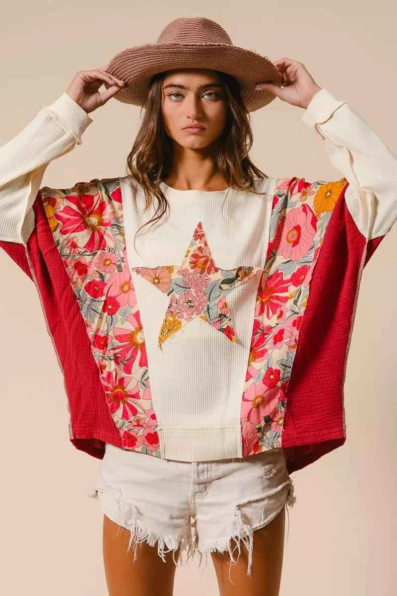 BiBi Floral Print Mixed Star Patch Round Neck Sweatshirt f0aaf4d9e7ac4cd28c52a8ac1b27f114-Max-Origin