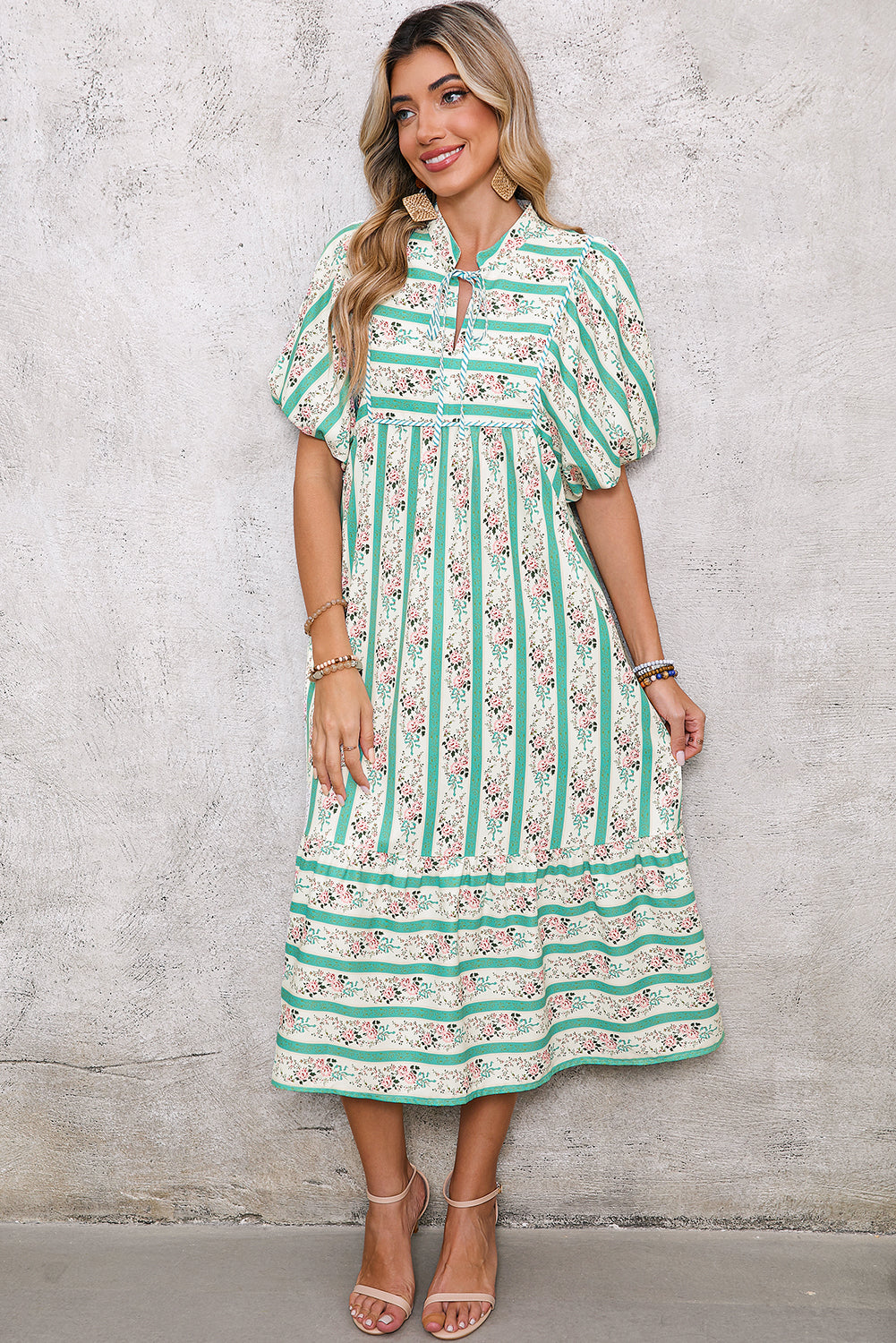 Multicolor Boho Floral Striped Tie V Neck Long Dress f0ab0357eaadd9b4