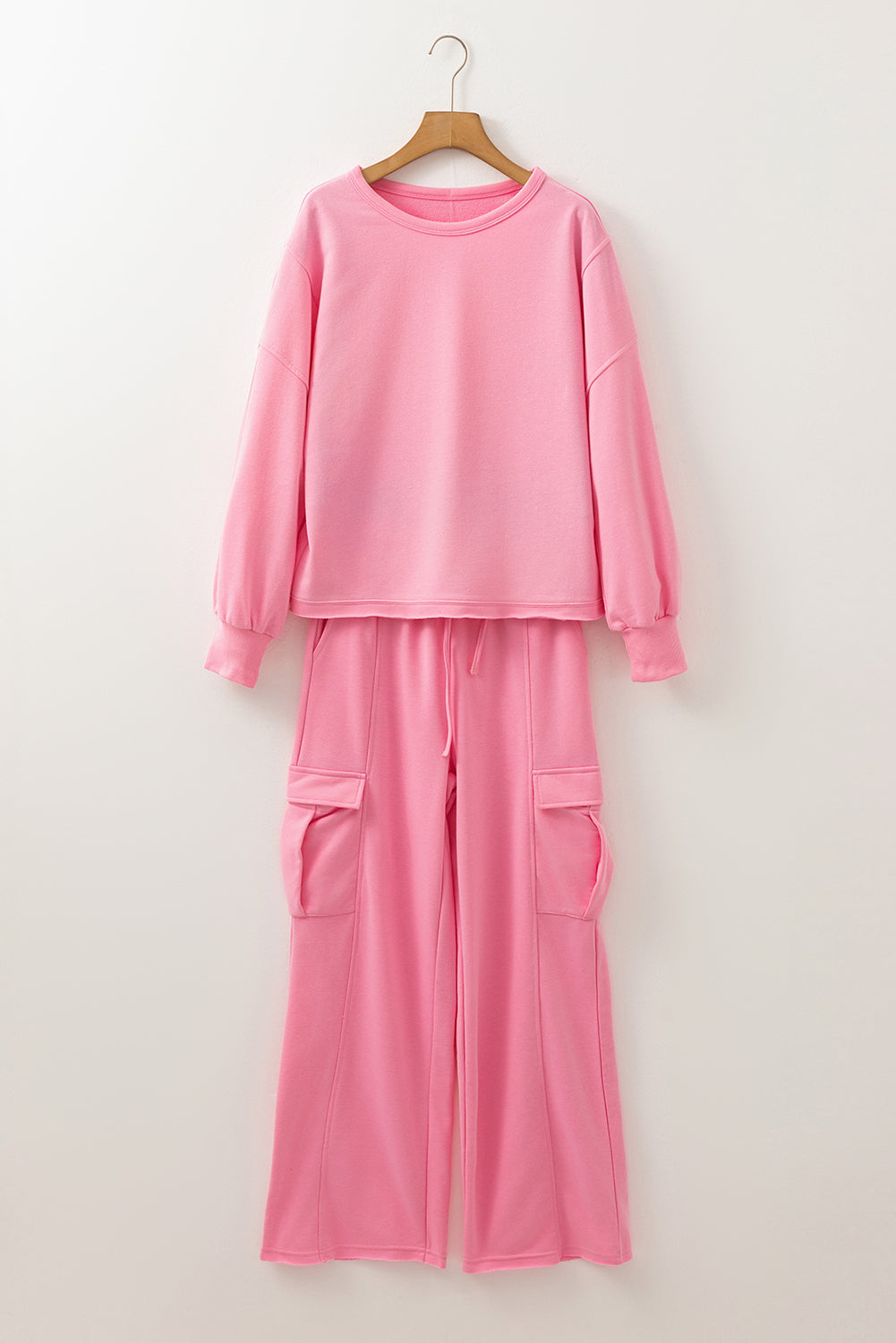 Sachet Pink Solid Color Patchwork Pullover Top and Cargo Pants Set f0af235a39ccc330