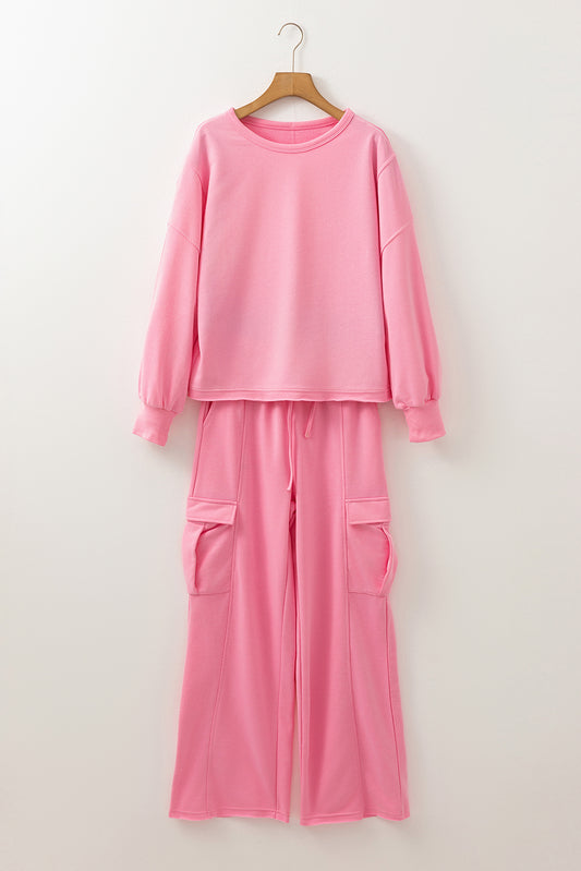Sachet Pink Solid Color Patchwork Pullover Top and Cargo Pants Set f0af235a39ccc330