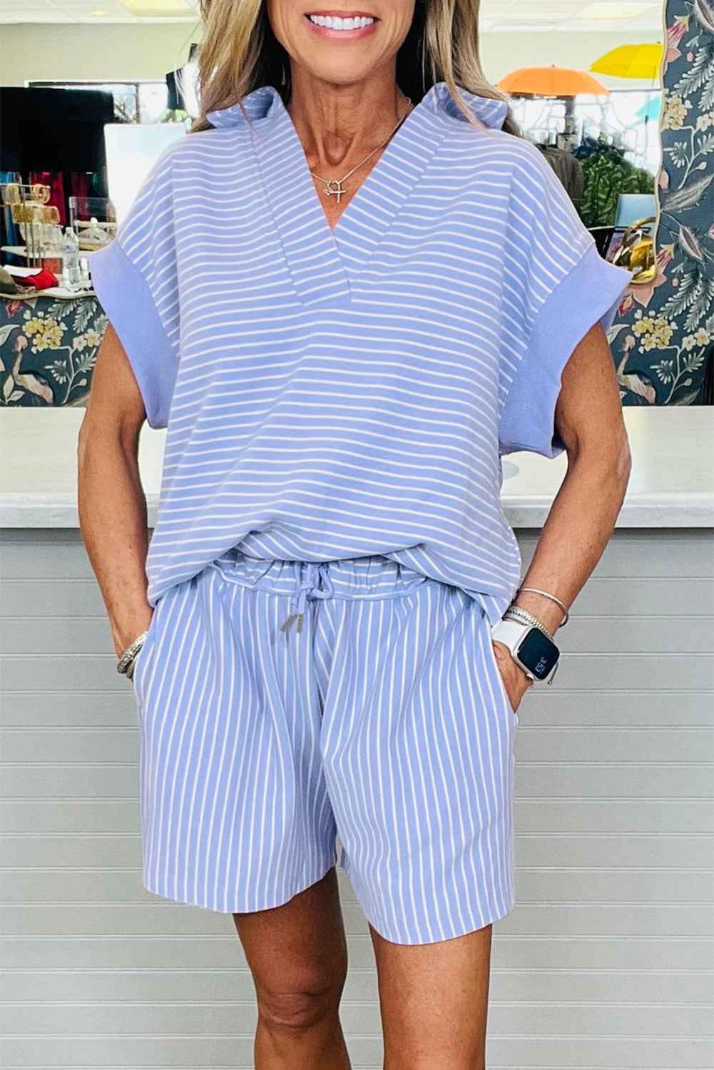 Sky Blue Striped Dolman Sleeve Pullover and Drawstring Shorts Set Sky Blue Stripe f0b0f1c93553a856