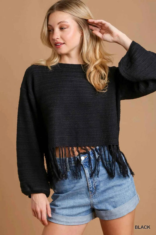 Crochet Knit Crop Top with Frey Hem Black f0b592be-463c-4b9b-bd21-e94dd39a7e63-Max-Origin