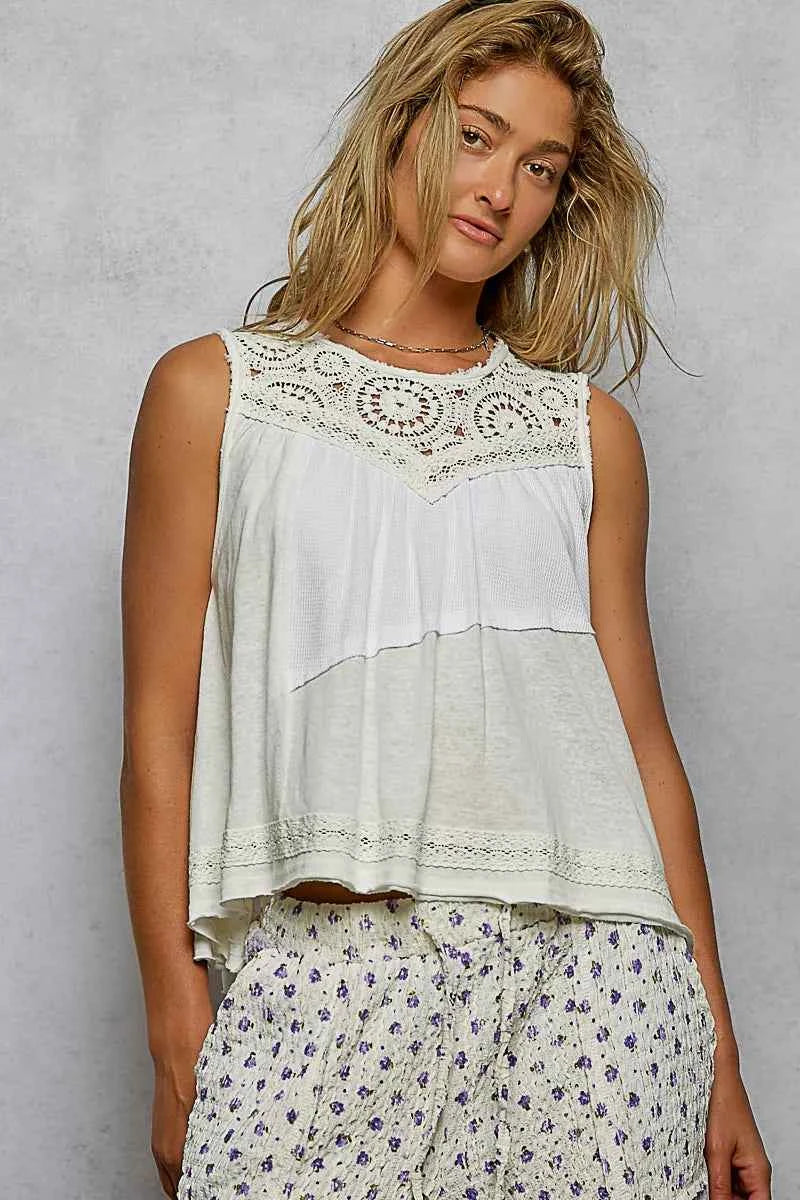 POL Round Neck Sleeveless Top with Crochet Contrast WHITE f0b6035f-d476-4342-80e9-a616be54f3d8-Max-Origin