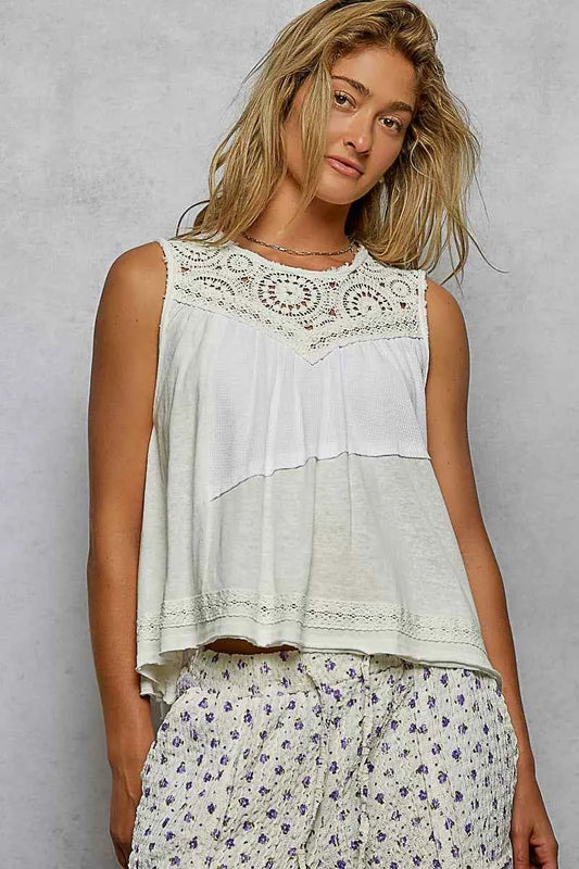 Round Neck Sleeveless Top with Crochet Contrast WHITE f0b6035f-d476-4342-80e9-a616be54f3d8-Max-Origin