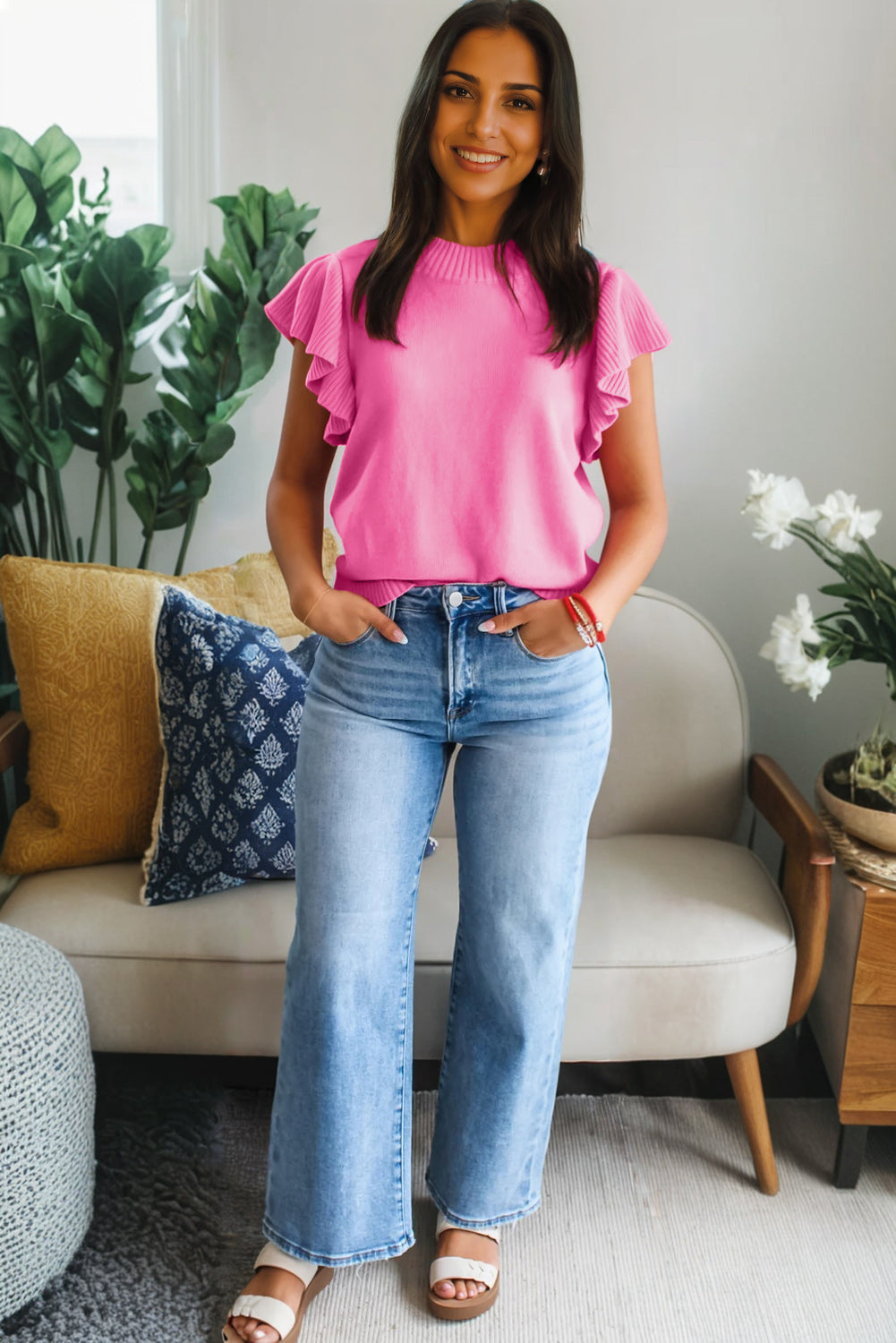 Sachet Pink Solid Color Ribbed Trim Round Neck Ruffle Short Sleeve Sweater f0b766b84c0ed9d3