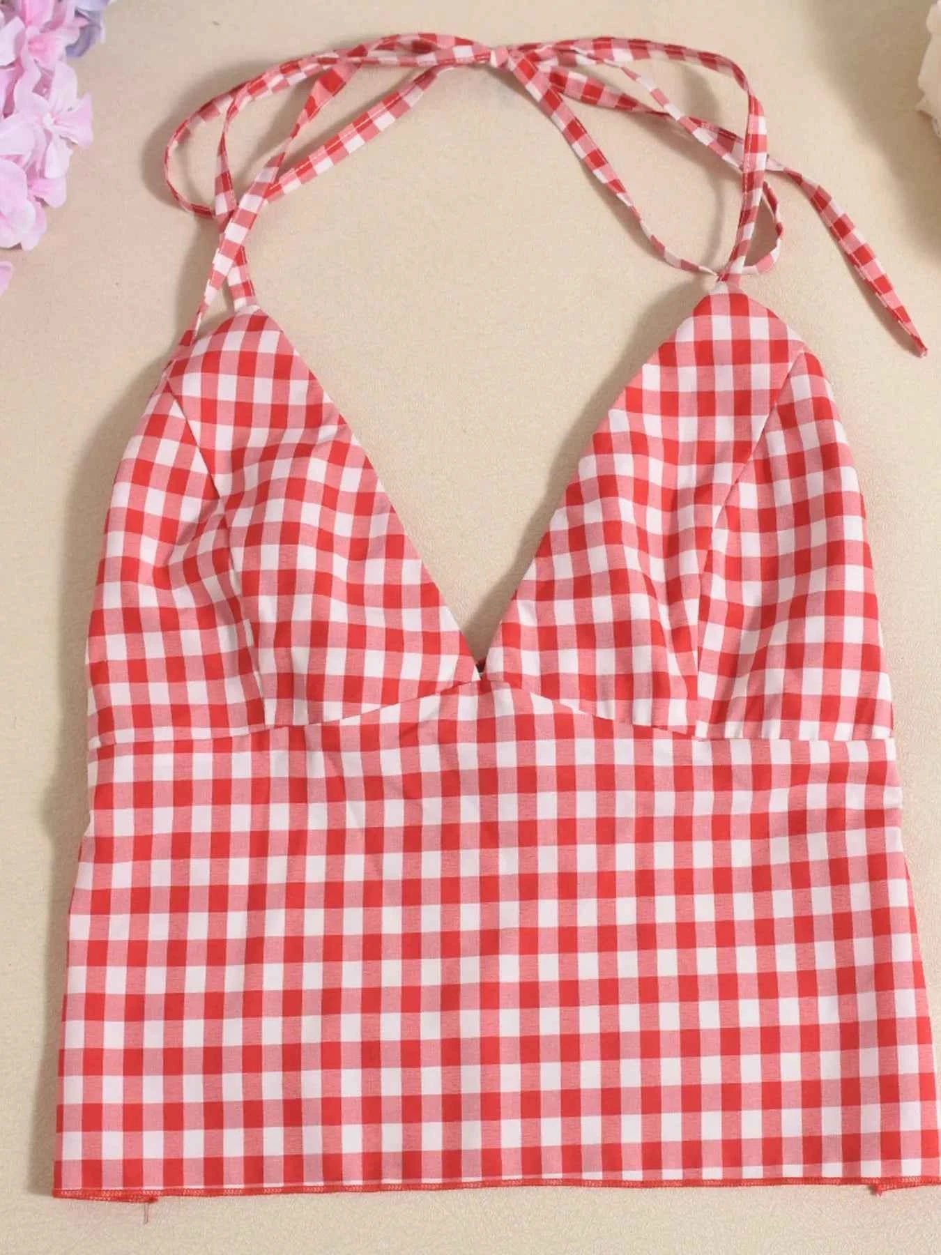 Plaid Halter Neck Cami and Shorts Set f0b853de0c3249bca898beb8bc2a6421-Max-Origin