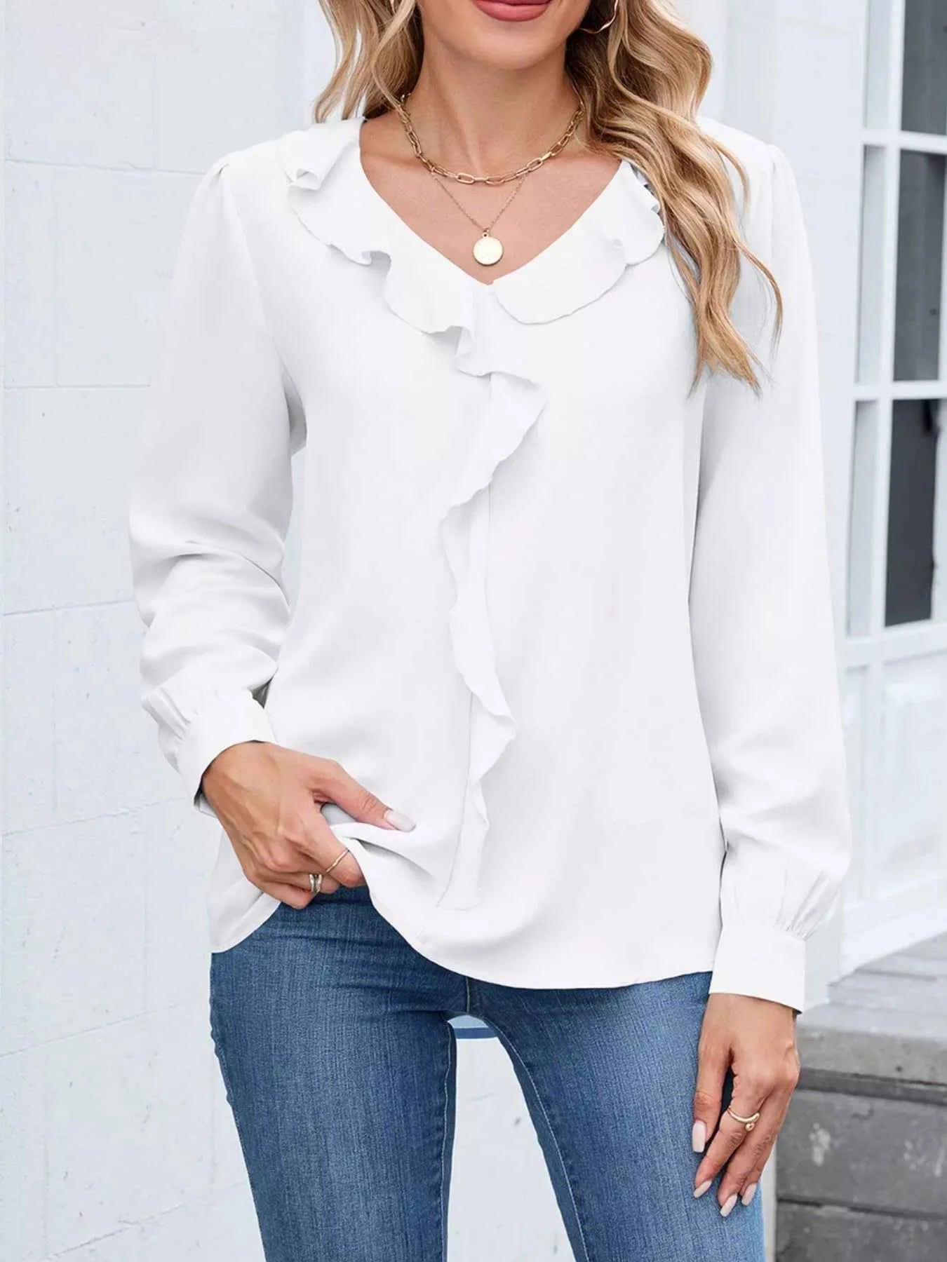 Ruffled V-Neck Long Sleeve Blouse White f0bbe25a-c73e-4357-b7b8-f153aec81006-Max-Origin