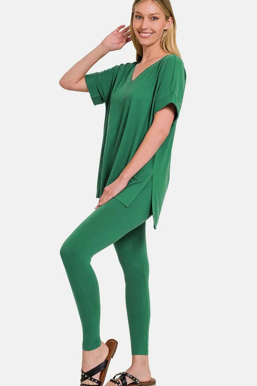 Zenana Full Size V-Neck Rolled Short Sleeve T-Shirt and Leggings Lounge Set Forest f0bc9ea2-a256-43cc-857f-ae658bcc967a-Max