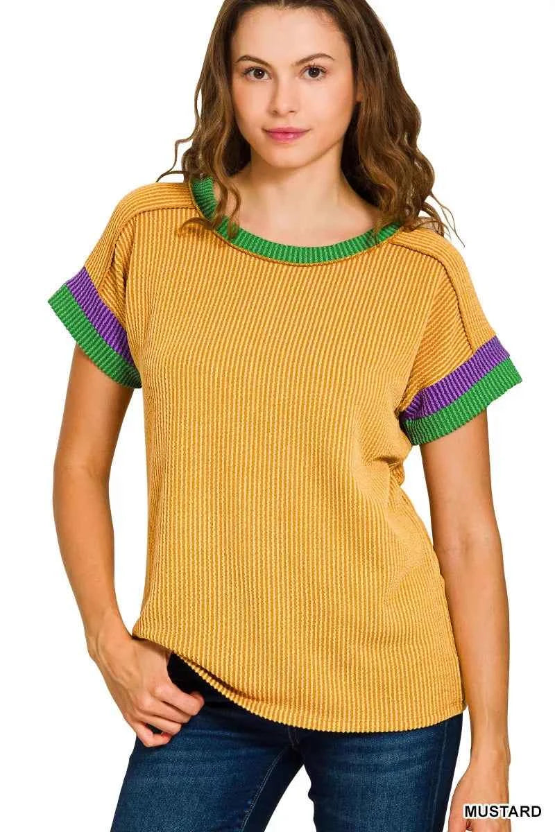 Mardi Gras Raised Rib Contrast Trim Top MUSTARD f0bcfbbcaa374da4a301caa2210cfff2-Max-Origin