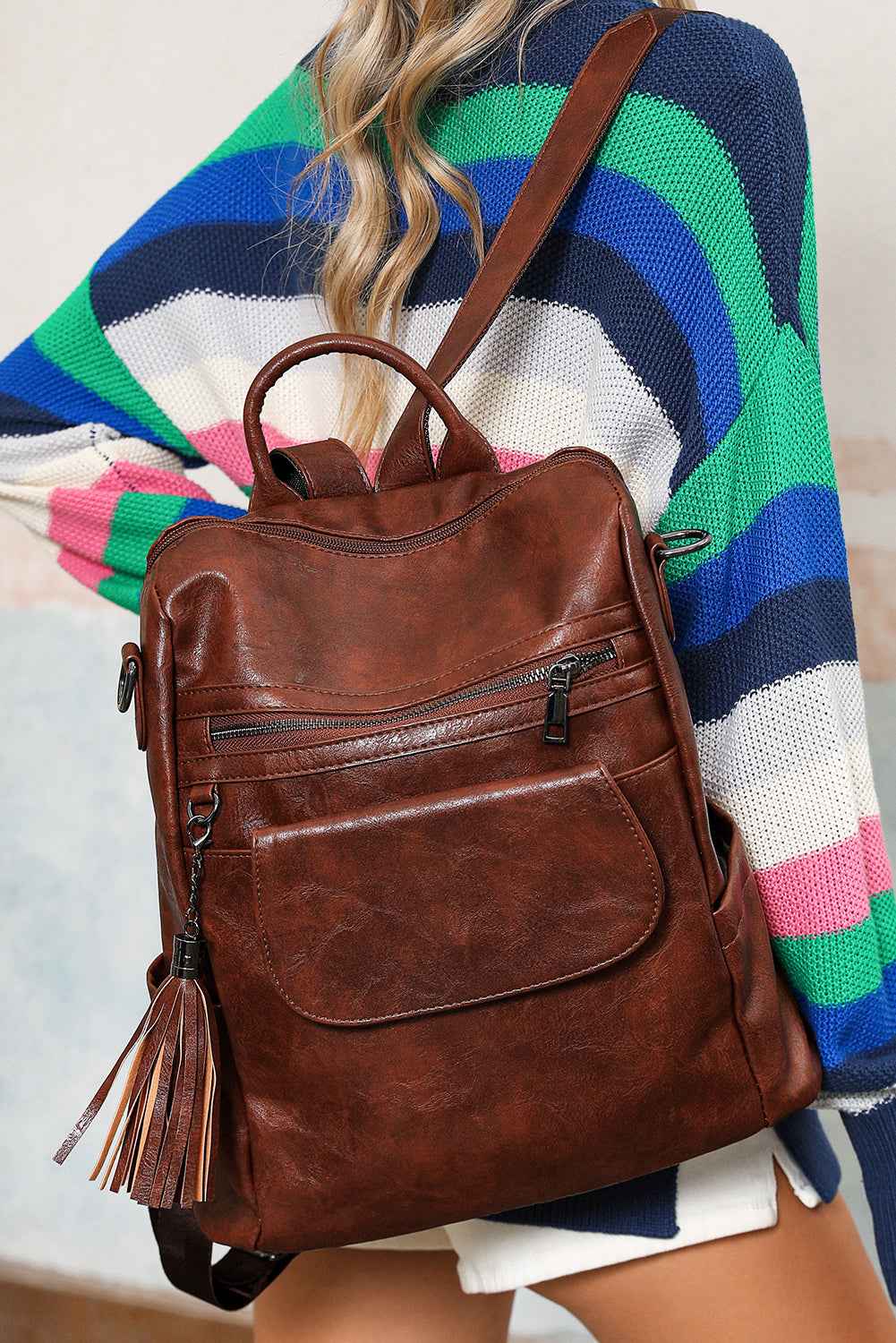 Dark Brown Tassel Decor Retro PU Large Capacity Backpack f0bcfdfe838d0f99