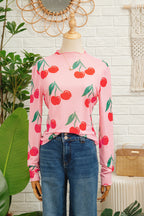 Pink Cherry Print Lettuce Trim Long Sleeve Mesh Top f0c9f86a3ccb5d82