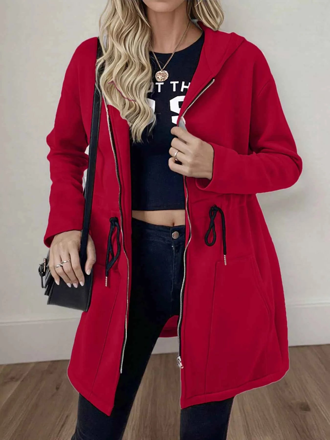 Drawstring Zip Up Hooded Outerwear Burgundy f0ca8e7597b84e44bbabb65228da98e8-Max-Origin
