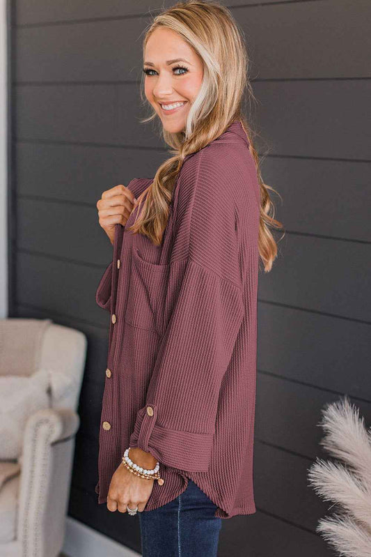 Fiery Red Pink Roll Tab Sleeve Ribbed Cording Shacket f0cfc1a5121e6712