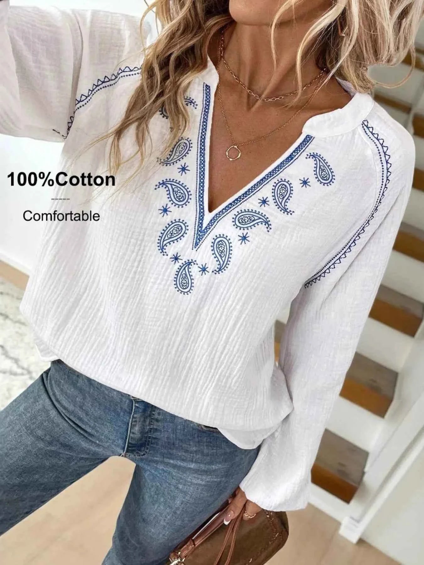 Paisley Pattern Notched Long Sleeve Blouse f0d2dd3039f7492c91eae84630763c3b-Max-Origin